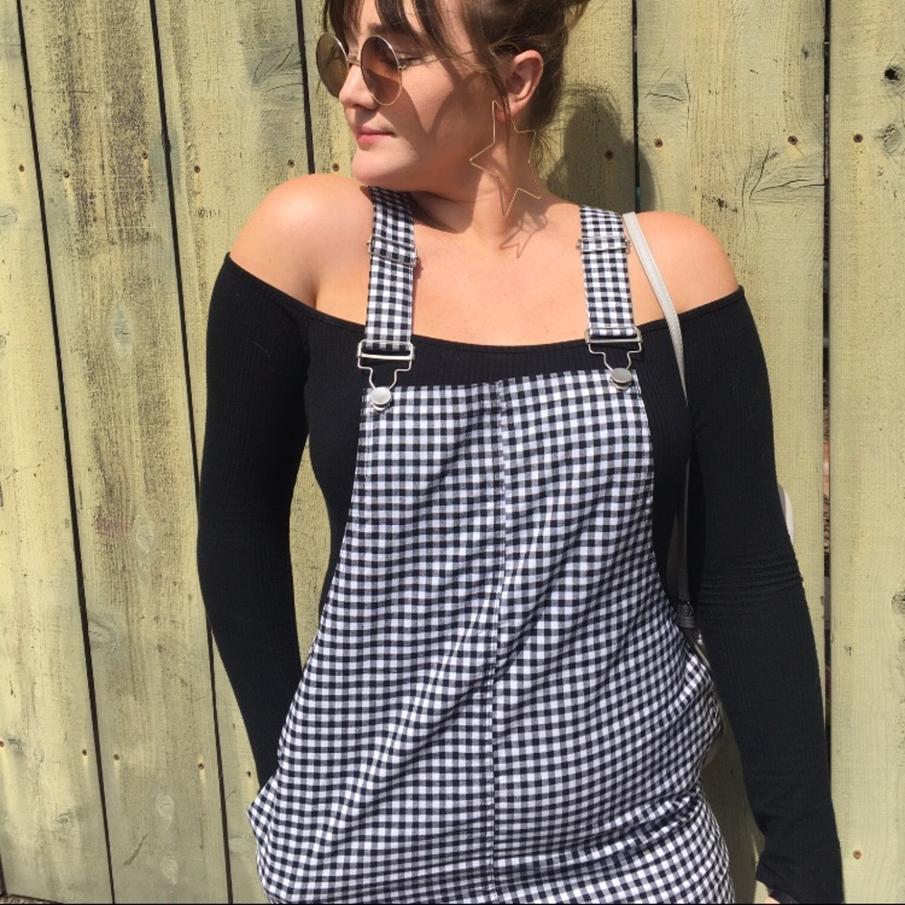 Princess Polly checkered overalls dress.